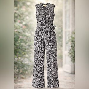 Michael Kors Black & White Animal Print Belted Wide Leg Jumpsuit Medium